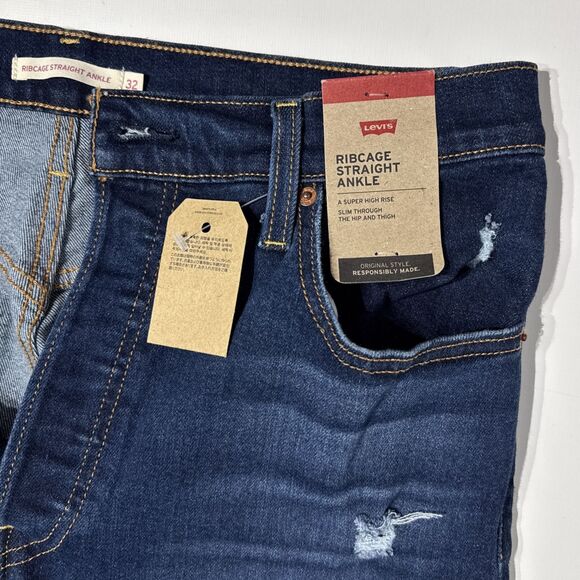 NWT $79.50 Levi's Ribcage Straight Ankle Distressed Dark Wash Jeans Women 32x27 - Picture 10 of 15